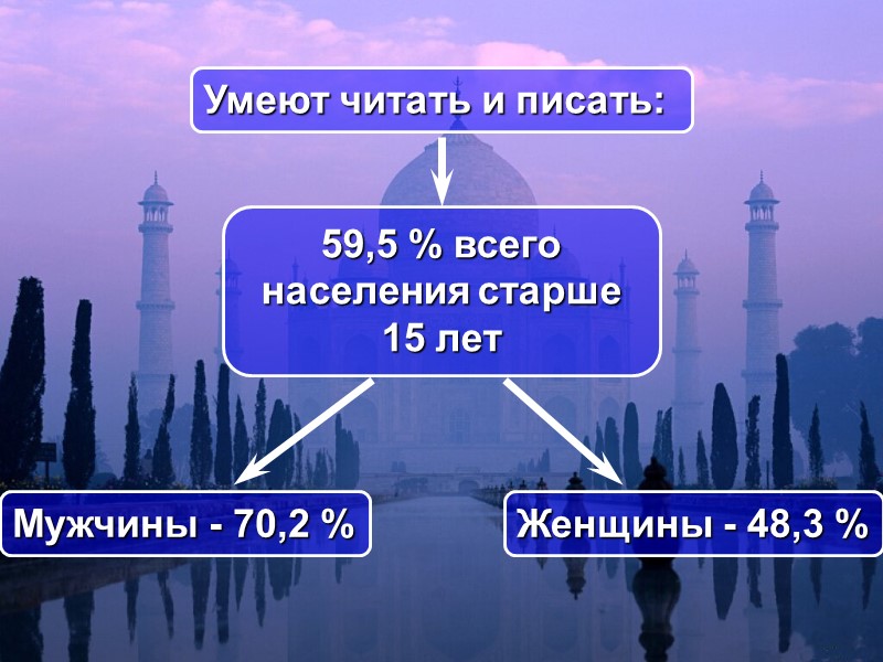 59,5 % всего населения старше 15 лет Умеют читать и писать:  Женщины -